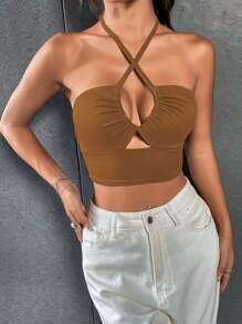 VaVaBold Summer Sleeveless Halterneck Crop Top With Hollow Out Design