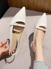 Fashionable Simple Style Pointed Toe Chunky Heeled Women's Flat Shoes With Decorative Strap Valentines