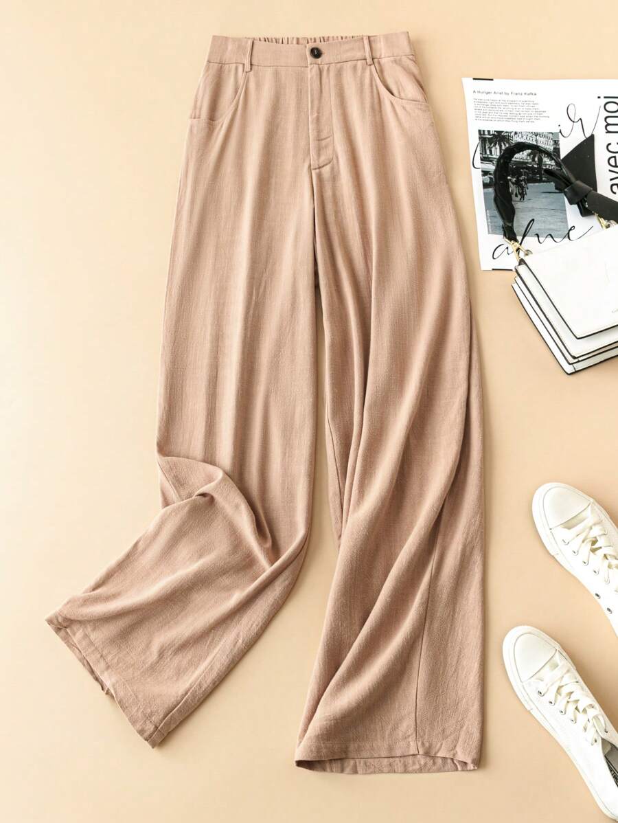 SHEIN LUNE Plus Size Women's Straight Leg Casual & Commute Trousers With Pockets - Apricot - View 1