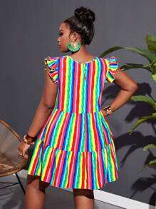 Slaydiva 女性大码彩虹条纹荷叶边罩袍连衣裙，骄傲月彩虹 - 彩色 - 查看 5