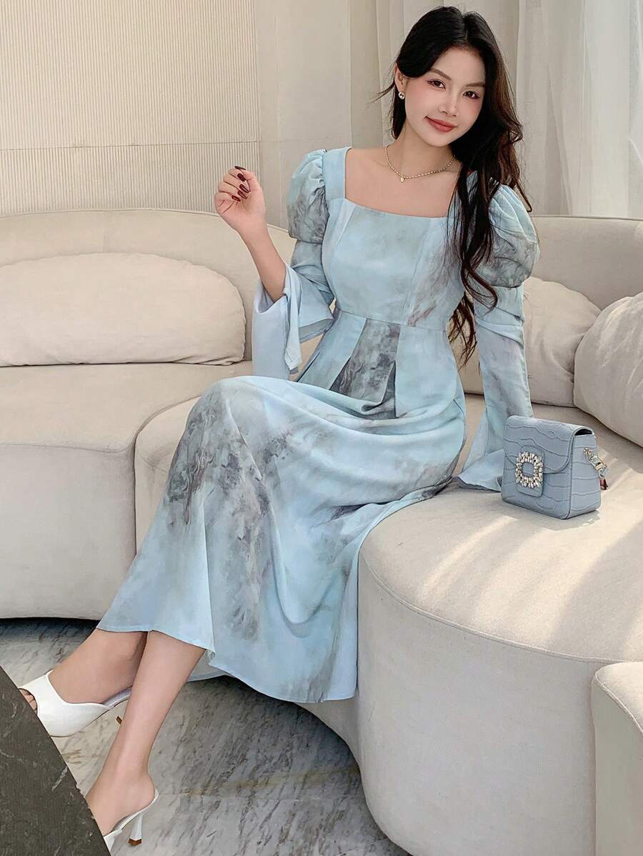 DAZY Women's Ink Wash Tie Waist Puff Sleeve Dress,Ruffle,Fall Dress Long Sleeve Dress - Blue - View 1