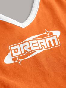 SHEIN ICON 夏季黑白字母圖形對比拼接露背連帽修身上衣 - 橘色 - 查看 4