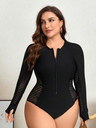 Swim Lushoire Traje De Baño De Una Pieza Para Mujeres De Talla Grande Con Mangas Largas, Cremallera Frontal Y Sección De Malla