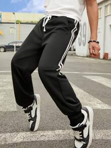 SHEIN Tween Boy Sports Knitted Sweatpants With Side Taping - Black - View 1