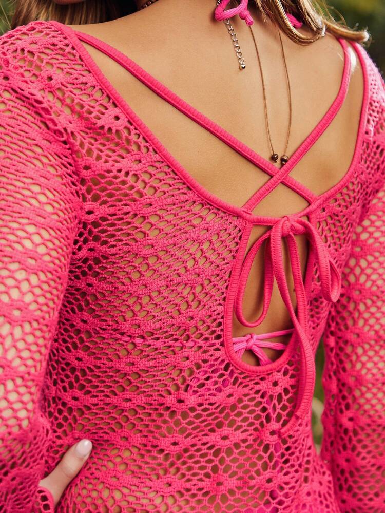 Holiday/Tropical/Beach Casual Pink Round Neck Flared Sleeves Long-Sleeved Back Cutout Cross Tied Hollow Out Dress