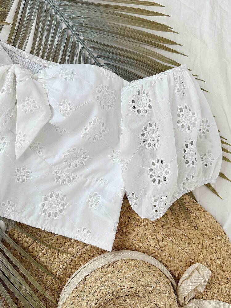 Plus Size Solid Color Hollow Out Embroidery Off-Shoulder Tie Front Blouse