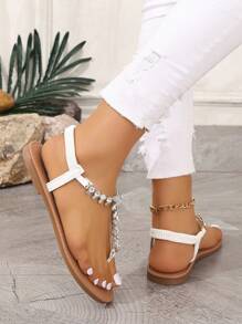 Nuevas Sandalias De Verano Para Mujer Con Cadenas De Pedrería, Punta Redonda Transparente Y Correa Elástica Para Comodidad Durante Vacaciones Al Aire Libre - Blanco - Ver 5