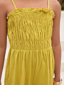 SHEIN Conjunto de traje de baño informal con parte superior + Bottom + falda de color empalmado con ribete de volantes para niña preadolescente