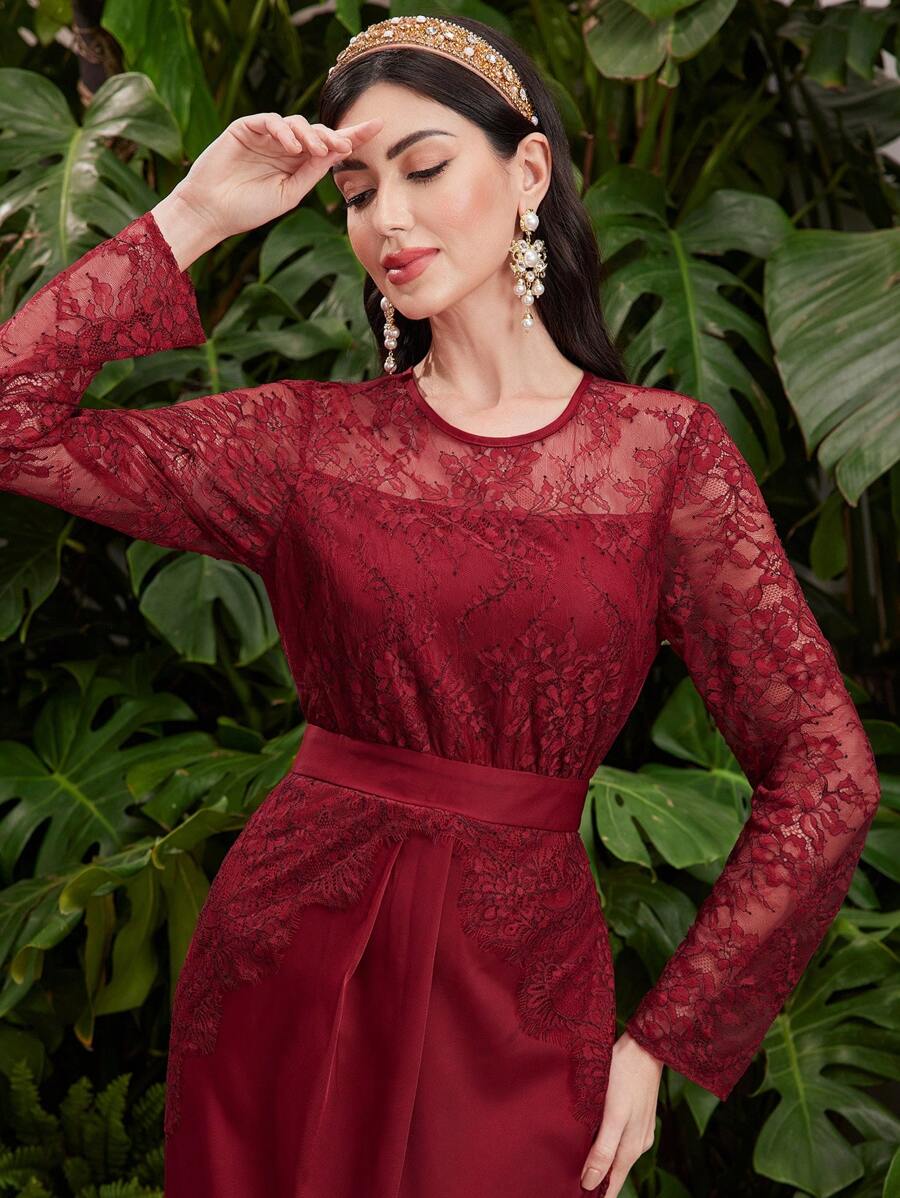 Modelyn 勃艮第红色优雅蕾丝拼接束带连衣裙 - 酒紅色 - 查看 1