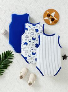 SHEIN Playful Pals 男嬰3入組休閒運動棒球圖形口號印花背心連體褲，夏季款 - 彩色 - 查看 2