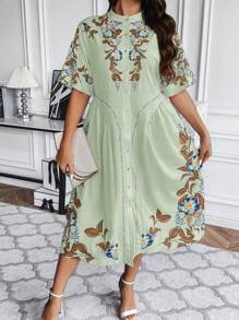 Flirla Vestido De Talla Grande Con Cuello De Pie Y Botones Frontales Con Temática De Vacaciones - verde menta - Ver 1