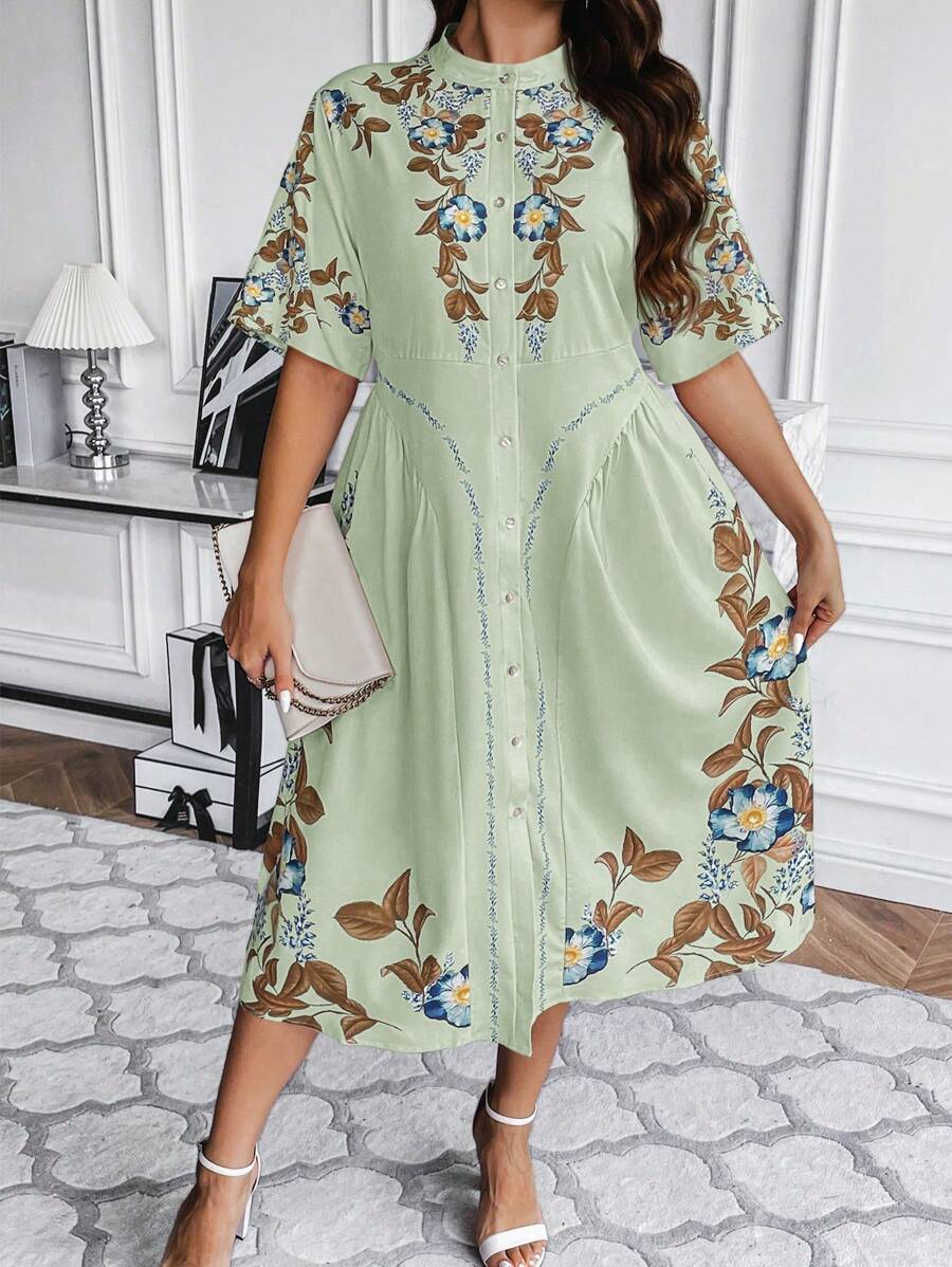 Flirla Vestido De Talla Grande Con Cuello De Pie Y Botones Frontales Con Temática De Vacaciones - verde menta - Ver 1