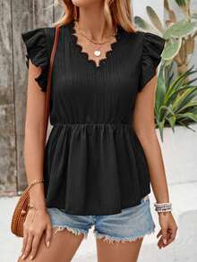 SHEIN LUNE 純色蕾絲飄帶短袖上衣 - 黑色 - 查看 5