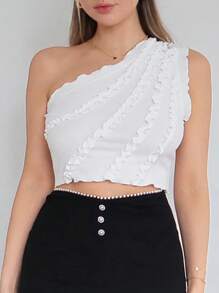SHEIN Privé Top Femenino De Un Hombro Con Ribete De Volante