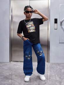 SHEIN Tween Boy Water-Washed Casual Fashionable Cute Rabbit Printed Jeans - Dark Wash - View 3