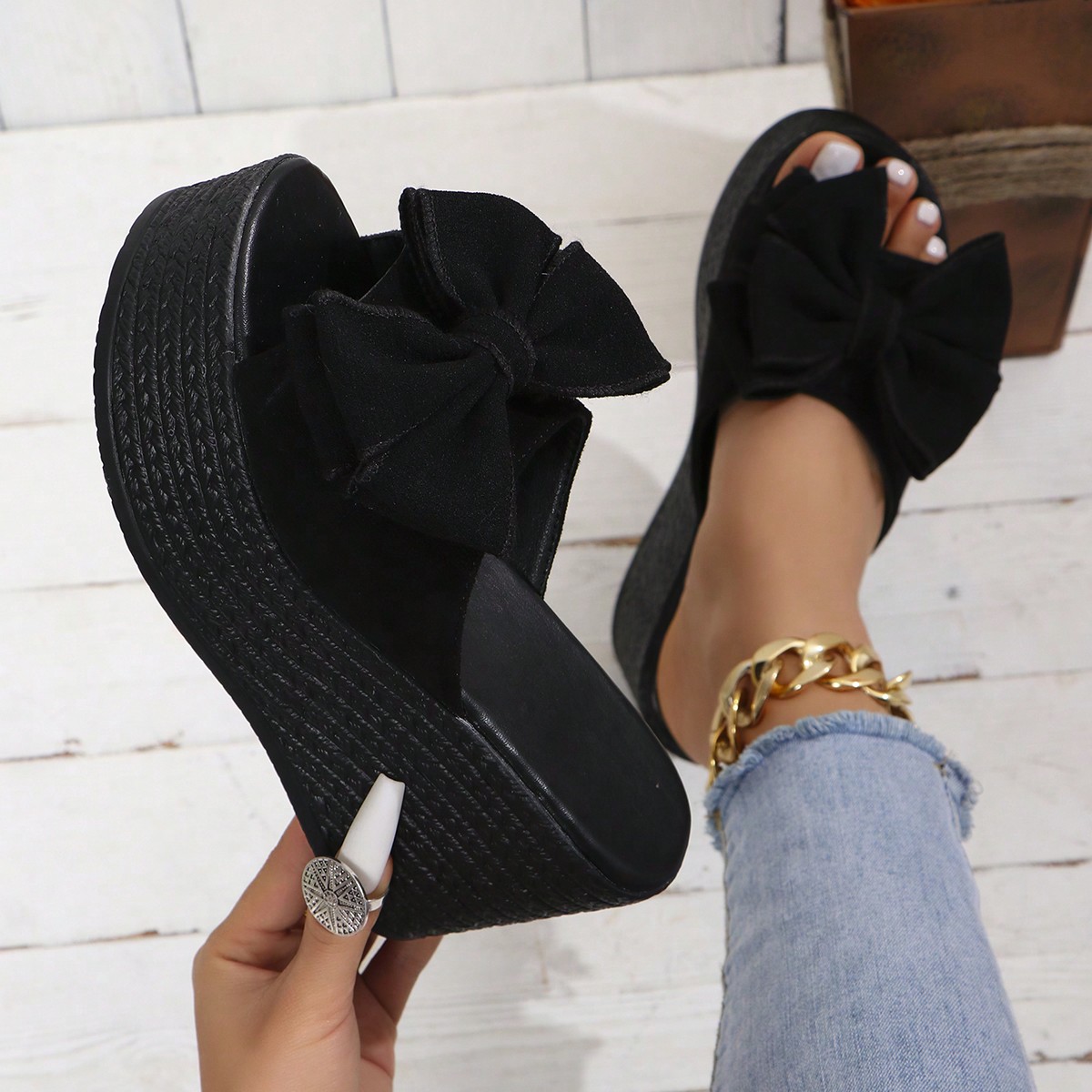 Sandalias de plataforma con cuña y tacón grueso con lazo para mujer de talla grande, para looks de primavera y verano