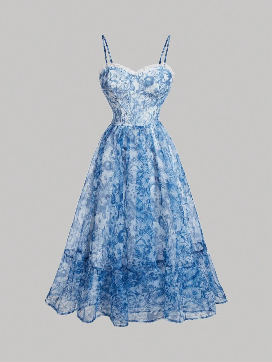 SHEIN MOD Women's Floral Print Spaghetti Strap Dress - Blue and White - View 1