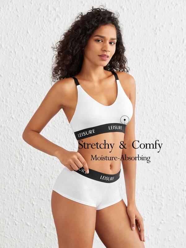 Ocili Conjunto cómodo y suave de sujetador cinta con letra en la cintura y panty tipo short para mujer