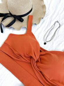 Dreamara (No Chest Padding) Plus Size Solid Color Twist Knot & Cut Out Crop Cami Top - Burnt Orange - View 4