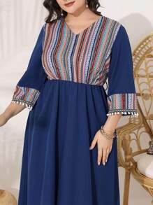 Al Najma Plus Size Printed Splicing Dress With Ball Decoration Kaftan Jalabiya Dress - Multicolor - View 5