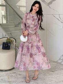 DAZY 女式花卉图案长袖假日风格连衣裙、秋季连衣裙 - 淡紫色 - 查看 6