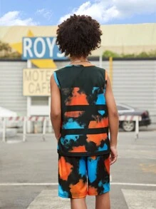 SHEIN Tween Boy Tie Dye & Colorblocked Tiger & Letter Printed Vest And Shorts Set - Black - View 2