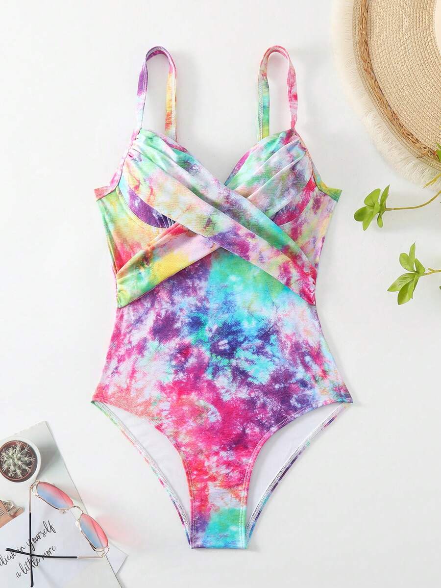 SHEIN Swim 女士tie-dye單肩帶一體式泳衣 - 彩色 - 查看 1