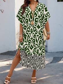 Breezaya Kích thước lớn tay cánh In Đầm - xanh quân đội - Xem 4