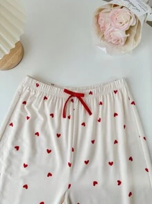 SHEIN Leap Crew Teen Girl 3 cái/bộ Áo ba lỗ dệt kim hình trái tim + Quần + Quần short Homewear cho mùa hè - Đỏ và trắng - Xem 10