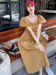 DAZY 女式夏季V领抽绳短袖连衣裙太阳裙 - 黃色 - 查看 5