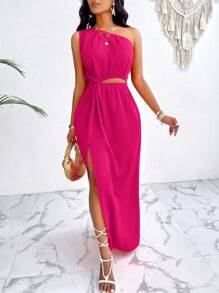 VaVaBold Solid Color Asymmetrical Collar One Shoulder Cutout Knot Split Thigh Drawstring Summer Women Beach Dress