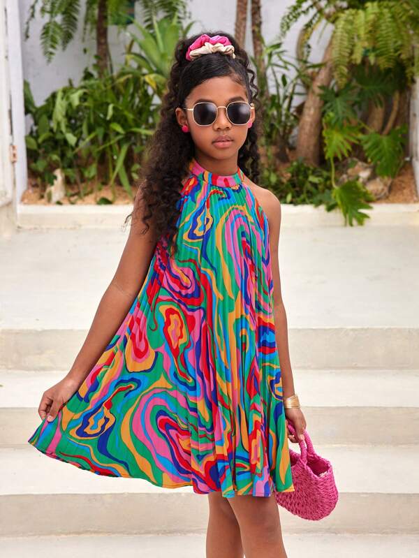 SHEIN Tween Girl Vacation/Casual Spring/Summer Geometric Pattern Woven Pleated Halter Neck Sleeveless Dress