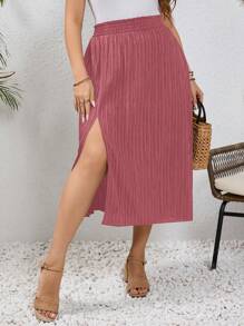 SHEIN Frenchy Plus Size High-Waisted Slit Summer Vacation Skirt - Rose Red - View 1
