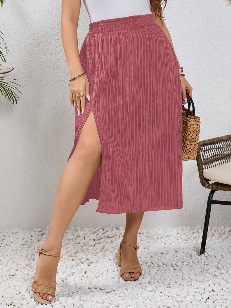 SHEIN Frenchy Plus Size High-Waisted Slit Summer Vacation Skirt - Rose Red - View 1