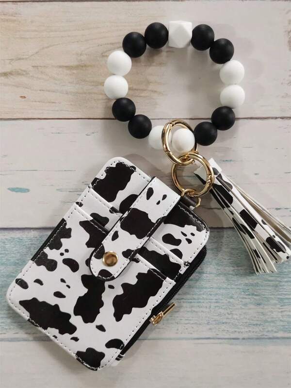 Cartera de PU con borlas, llavero de cuentas de silicona, pulsera de cuentas de silicona, cordón de silicona para mano, funda para tarjetas, llavero, correa para la muñeca, pulsera de vaquero occidental, tarjetero, tarjetero con estampado de vaca, tarjetero, tarjetero, tarjetero, tarjetero de visita, tarjetero de crédito, tarjetero de identificación, para mujer, para mujer, minicartera, llavero, tarjetero