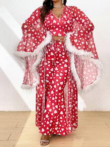Flirla Ensemble de 3 pièces pour femmes de grande taille: Veste à manches cloches avec manchettes épaisses et top court avec pantalon évasé à imprimé cœur