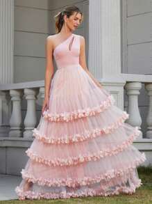 LOVE&LEMONADE Damen Abendkleid mit einer Schulter, Cut-outs, rosa, ärmellos, mehrlagigem Tüll und 3D-Blumendekor am Saum - Pink - Übersicht 1