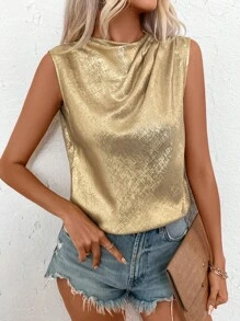 SHEIN Clasi Women's Metallic Texture Sleeveless Blouse - Gold - View 3