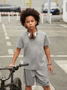 SHEIN 2pcs/Set Tween Boys' Letter Patch T-Shirt With Plaid Detailing Shorts Casual Outfits - Dark Grey - View 1