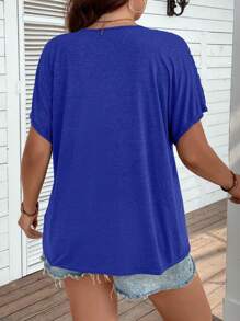 SHEIN LUNE Plus Size Solid Color Lace Insert Batwing Sleeve T-Shirt For Summer - Blue - View 2