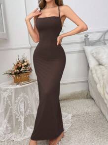Vestido de verano de unicolor de ajuste delgado sin espalda para mujer, vestido largo