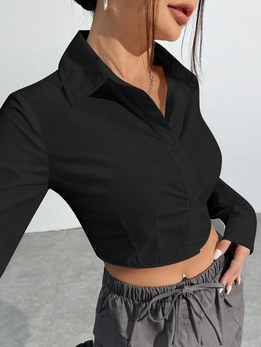 SHEIN EZwear 女士修腰编织短款休闲衬衫,长袖上衣 - 黑色 - 查看 1