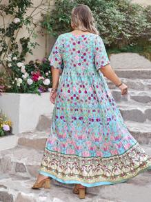 Bohemian Women Plus Size Floral V-Neck Loose Dress Beach Holiday Summer Party Wedding Season Coachella Music Festival