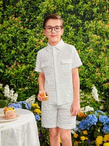 SHEIN Elegant Textured Shirt And Shorts Set For Tween Boys - White - View 5