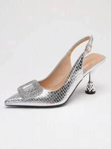 Xuân/Hè Mới Xuất Hiện Kim Cương Giả Khóa Gót Giữa Mũi Nhọn Mỏng Gót Phong Cách Châu Âu Và Mỹ Xăng Đan Nữ, thấp Cắt - Bạc - Xem 2