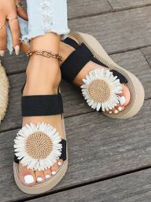 夏季新款時尚高跟鞋,帶有踝帶,適合女性外出、渡假、海灘,配有向日葵和雛菊diy楔形底和大碼號碼 - 黑色 - 查看 3