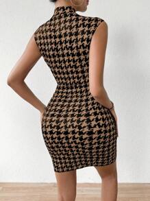 Chiquease Women's Summer Sleeveless Bodycon Mock Neck Dress In Houndstooth Pattern