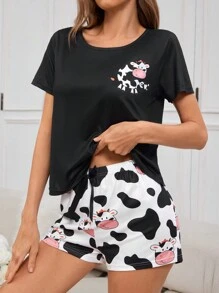 Conjunto De Pijama Para Mujer De Top Y Shorts Con Estampado De Leche - Negro - Ver 5