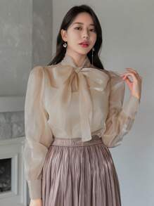 Wynsel 休闲商务纯色系带女士衬衫，秋季服装长袖上衣 - 杏色 - 查看 4