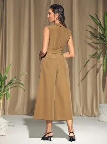 KES Mono de pierna ancha sin mangas con escote en V para mujer, para verano, vacaciones, festivales